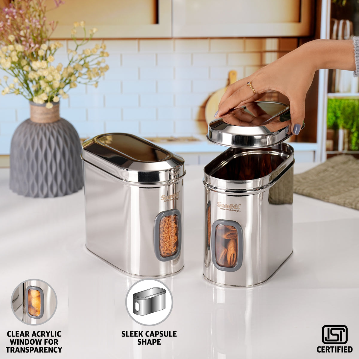 Sumeet ISI Certified Stainless Steel Capsul Canister/Container for Kitchen Storage with See Through Window - Set of 2 Pcs - 1850ml, Silver