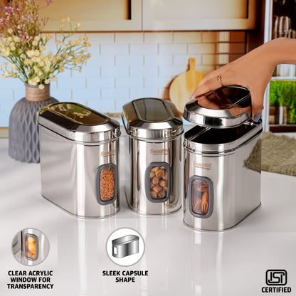Sumeet ISI Certified Stainless Steel Capsul Canister/Container for Kitchen Storage with See Through Window - Set of 3 Pcs - 1850ml, Silver