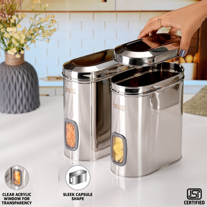 Sumeet ISI Certified Stainless Steel Capsul Canister/Container for Kitchen Storage with See Through Window - Set of 2 Pcs - 2600ml, Silver