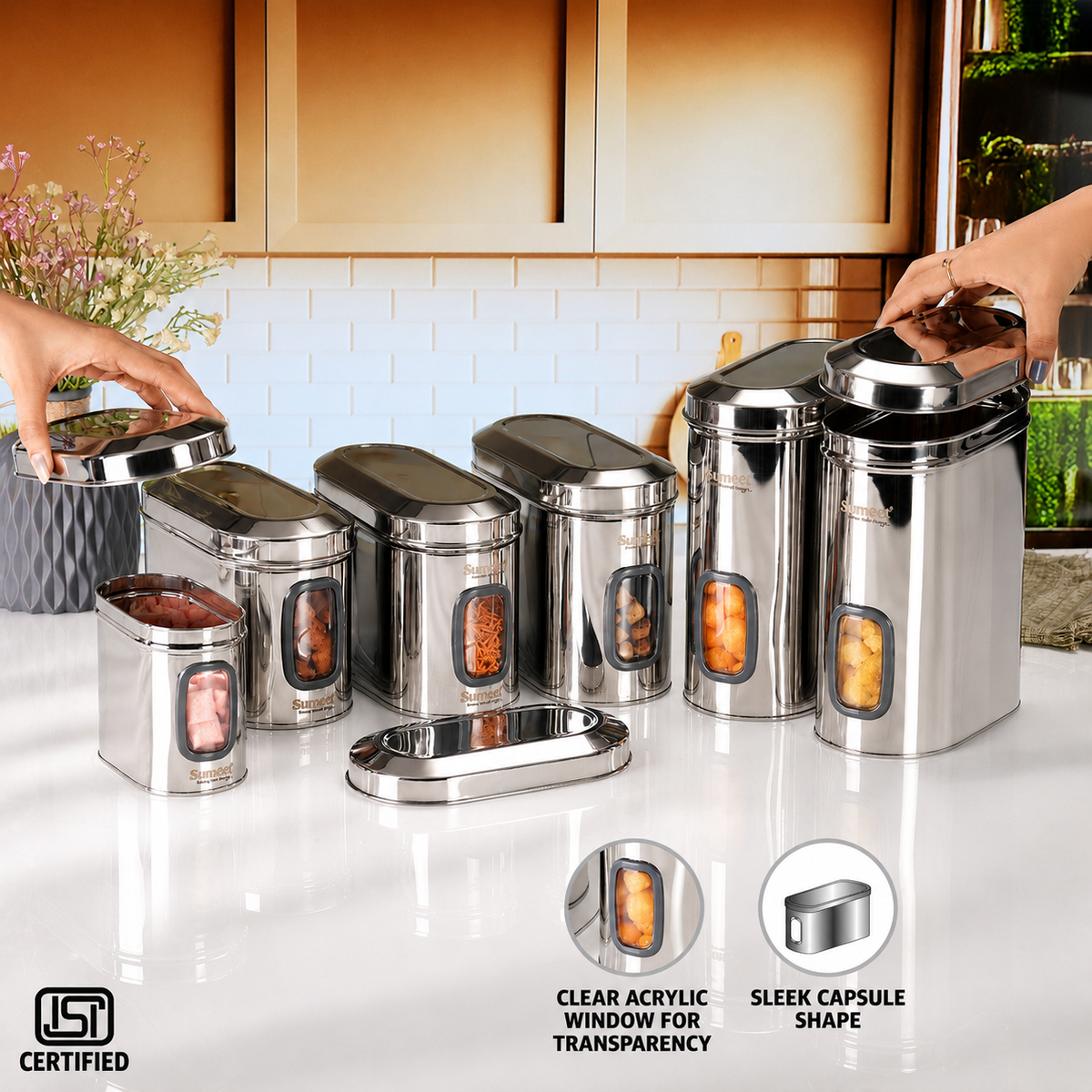 Sumeet ISI Certified Stainless Steel Capsul Canister/Container for Kitchen Storage with See Through Window - Set of 6 Pcs - 1400ml + 1850ml + 2600ml, Silver