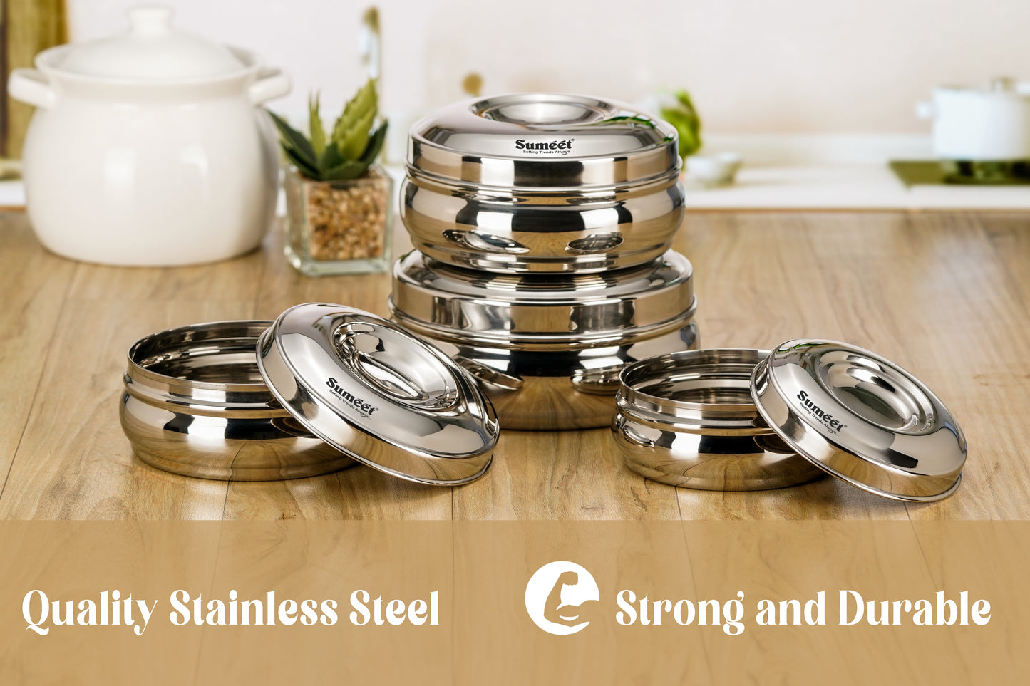 Sumeet Stainless Steel Round Shape Canisters/Puri Dabba/Storage Containers for Kitchen, 9.7cm, 11.2cm, 12.5cm & 14cm Dia, 300ml, 500ml, 700ml & 850ml, Pack of 4, Silver