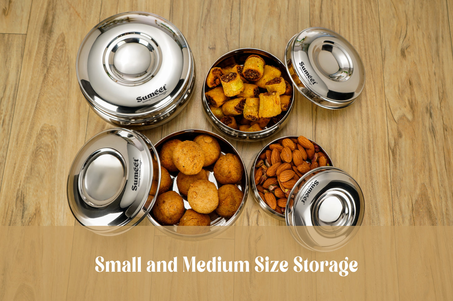 Sumeet Stainless Steel Round Shape Canisters/Puri Dabba/Storage Containers for Kitchen, 9.7cm, 11.2cm, 12.5cm & 14cm Dia, 300ml, 500ml, 700ml & 850ml, Pack of 4, Silver