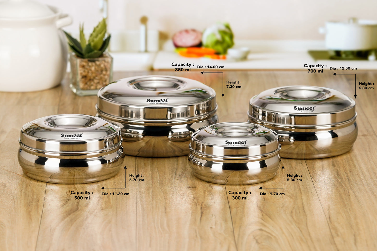 Sumeet Stainless Steel Round Shape Canisters/Puri Dabba/Storage Containers for Kitchen, 9.7cm, 11.2cm, 12.5cm & 14cm Dia, 300ml, 500ml, 700ml & 850ml, Pack of 4, Silver