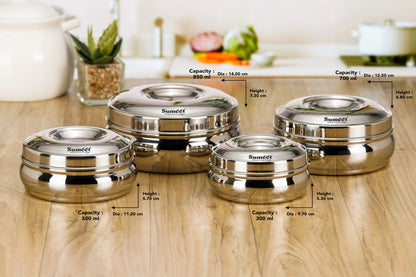 Sumeet Stainless Steel Round Shape Canisters/Puri Dabba/Storage Containers for Kitchen, 9.7cm, 11.2cm, 12.5cm & 14cm Dia, 300ml, 500ml, 700ml & 850ml, Pack of 4, Silver