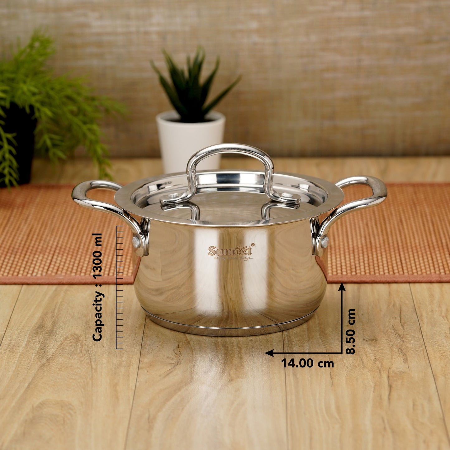 Sumeet Stainless Steel Induction Bottom (Encapsulated Bottom) Casserole with S.S Lid 1.3 LTR, 14 cm Dia, Silver