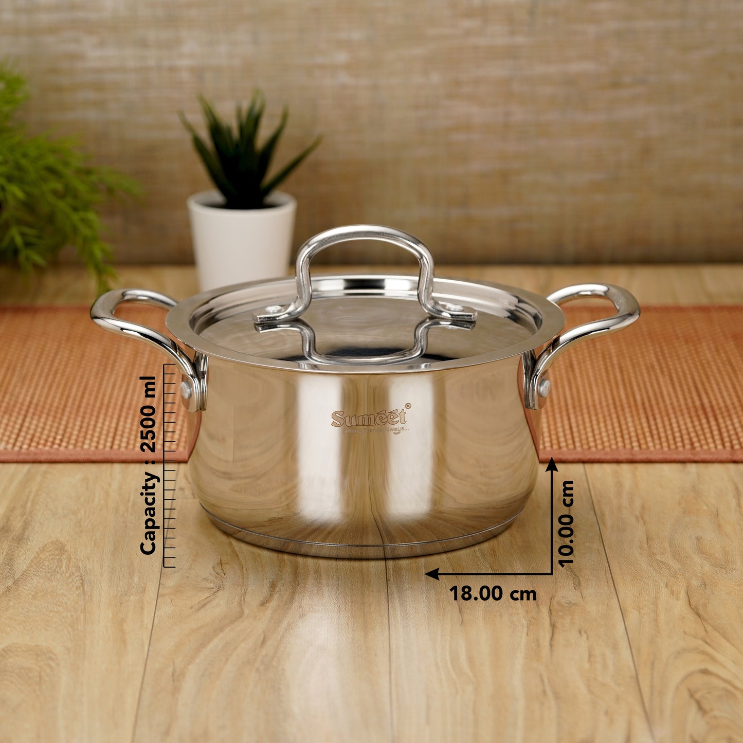 Sumeet Stainless Steel Induction Bottom (Encapsulated Bottom) Casserole with S.S Lid 2.5 LTR, 18 cm Dia, Silver