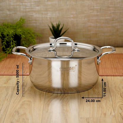 Sumeet Stainless Steel Induction Bottom (Encapsulated Bottom) Casserole with S.S Lid 5 LTR, 24 cm Dia, Silver