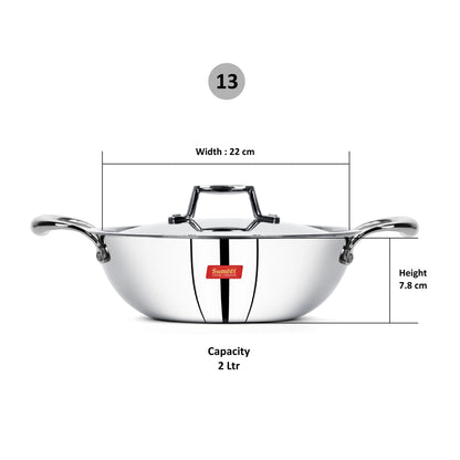 Sumeet Cook Smart TriPly Steel-Aluminium-Steel - 3 Layers Kadhai with Lid - 2Ltr - 22Cm