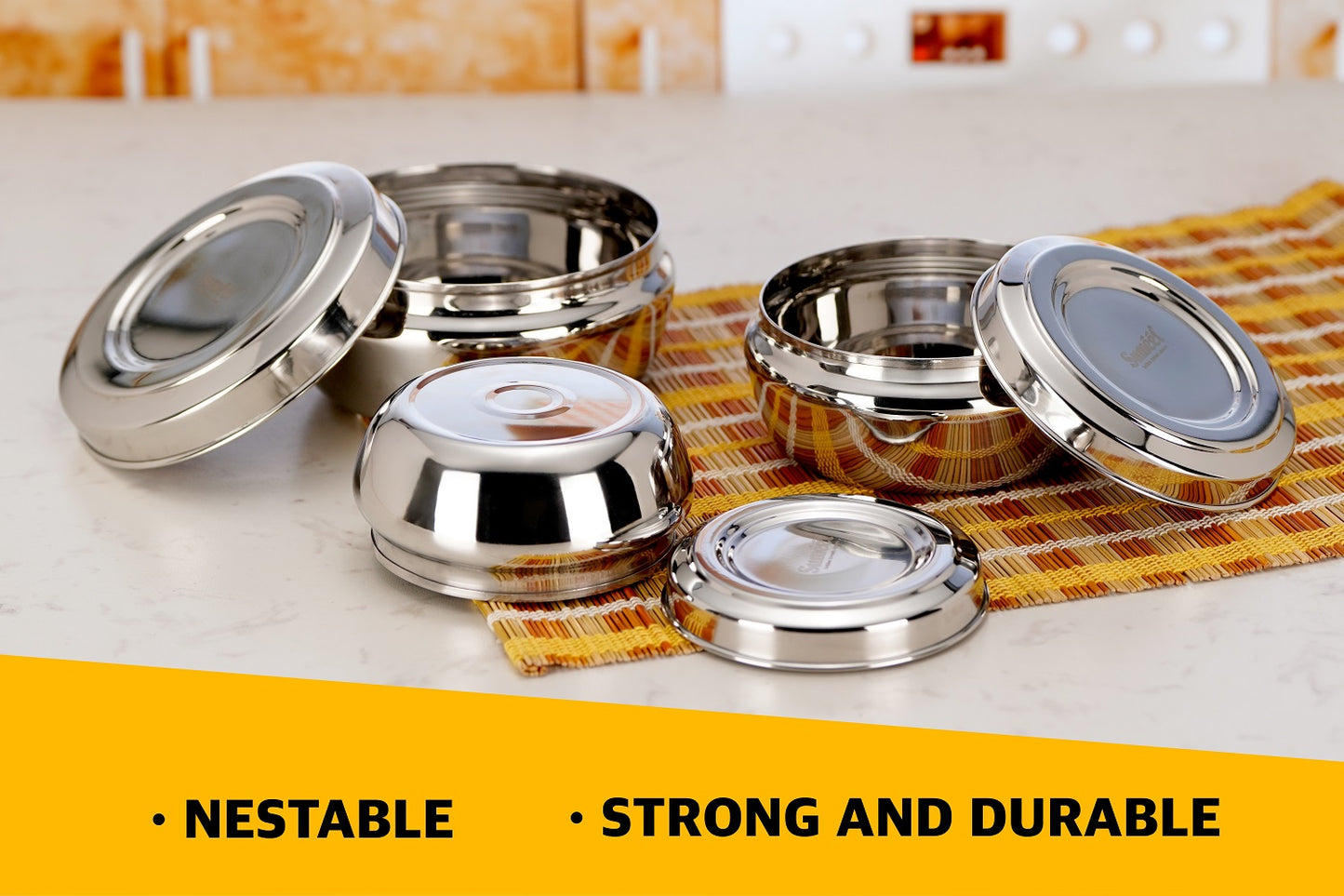 Sumeet Stainless Steel Small Canisters/Puri Dabba/Storage Containers Set for kitchen, 11cm, 12.8cm & 14.6cm Dia, 550ml, 750ml, 1150ml, Pack of 3, Silver