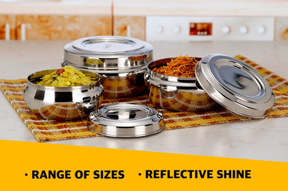 Sumeet Stainless Steel Small Canisters/Puri Dabba/Storage Containers Set for kitchen, 11cm, 12.8cm & 14.6cm Dia, 550ml, 750ml, 1150ml, Pack of 3, Silver