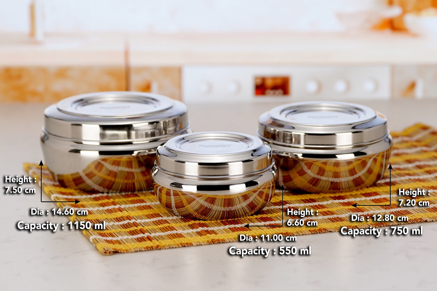 Sumeet Stainless Steel Small Canisters/Puri Dabba/Storage Containers Set for kitchen, 11cm, 12.8cm & 14.6cm Dia, 550ml, 750ml, 1150ml, Pack of 3, Silver