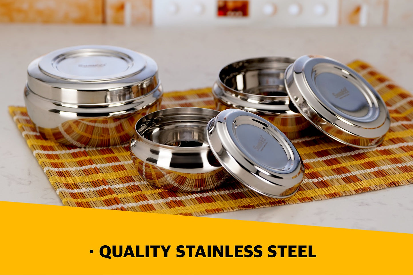 Sumeet Stainless Steel Small Canisters/Puri Dabba/Storage Containers Set for kitchen, 11cm, 12.8cm & 14.6cm Dia, 550ml, 750ml, 1150ml, Pack of 3, Silver