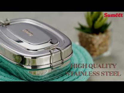 Sumeet Stainless Steel Rectangle Lunch Box/Tiffin with 2 Compartments and Locking Clip,Set of 2 Pcs, 550ML & 650ML, Ideal for 2 Person - Silver