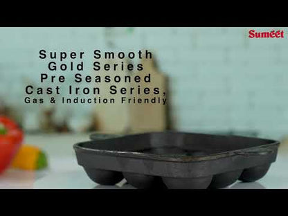 Sumeet Super Smooth Gold Series Pre Seasoned Cast Iron Appam Patra for Paniyaram/Appe/Ponganalu/Paddu |25cm 2.560kg, 12 Pit.