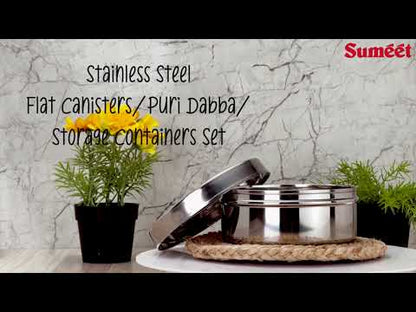 Sumeet Stainless Steel Flat Canisters/Puri Dabba/Storage Containers Set of 4Pcs (1.2Ltr,1.5Ltr,2.1Ltr,2.7Ltr)