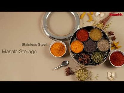 Sumeet Stainless Steel Belly Shape Masala (Spice) Box/Dabba/Organiser with See Through Lid with 7 Containers and Small Spoon