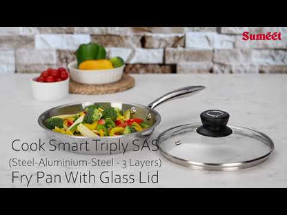 Sumeet Cook Smart TriPly Stainless Steel Induction Base Frypan with Glass Lid - 1.9 LTR - 24Cm, Pack of 1, Silver