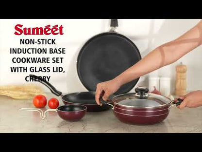 Sumeet Elegantia Induction Base Non Stick Aluminium Deep Kadai with Glass Lid 21.5cm / 1800ml Capacity | Gas and Induction Friendly | Cherry