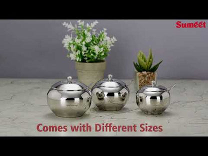 Sumeet Stainless Steel Ghee and Oil Pot, Storage Conrainer with Spoon for Kitchen, 7.5cm & 8.5cm Dia, 170ML & 230ML - Silver (Pack of 2)