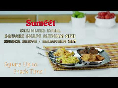 Sumeet Stainless Steel Square Shape Medium Size Snack Serve/Namkeen Set of 7PC, Silver