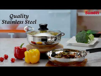 Sumeet Stainless Steel Induction Bottom Gas Stove & Induction Friendly 3PC Cookware Set, Frypan 1250ml / 20cm, Saucepan 1250ml / 14cm with Glass Lid, Pack of 3, Silver