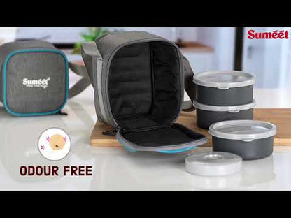 Sumeet EPULO Lunch Box Tiffin with Microwave Safe and Leak Proof 2 Inner Steel Containers + 1 Plastic Chutney/Pickel Container with BPA Free Air Tight Lids - 420ml & Insulated Fabric Bag, Grey