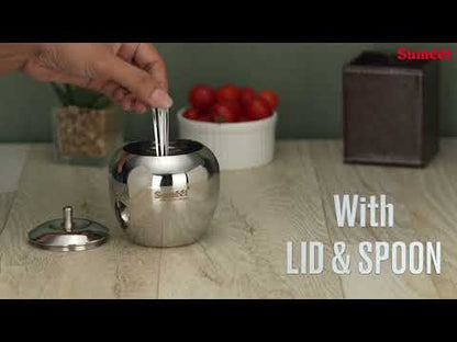 Sumeet Stainless Steel Apple Shape Ghee and Oil Pot, Storage Container with Spoon for Kitchen, 7.5cm Dia, 220ML - Silver (Pack of 2)