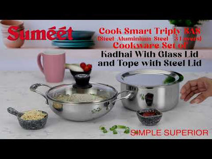 Sumeet Cook Smart TriPly Stainless Steel 4Pc Induction Base Cookware Set of Deep Kadai - 20cm - 1.7L, Tope 18cm, 2 LTR with Glass Lid & Steel Lid, Pack of 4, Silver