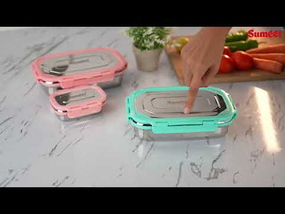 Sumeet Twin Pack Stainless Steel Airtight, Leak Proof Lunch Box, Tiffin for School, Office, Kids 1000ml+170ml, Pack of 2, Green & Pink