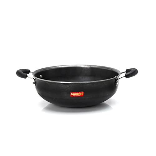 Sumeet Pre Seasoned Iron Kadai 2.5mm Thick with Stainless Steel Lid (Double Side Handle) 25.2 cm, 3Ltr