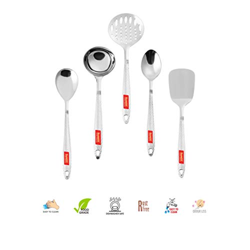 Sumeet Stainless Steel Big Serving and Cooking Spoon Set of 5pc (1 Turner, 1 Serving Spoon, 1 Skimmer, 1 Basting Spoon, 1 Ladle)