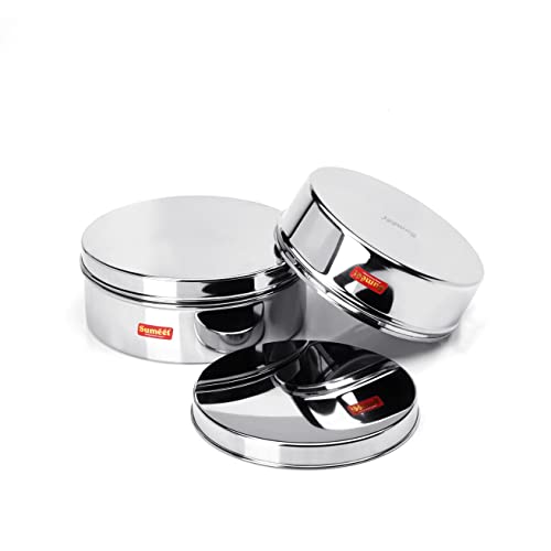 Sumeet Stainless Steel Flat Canisters/Puri Dabba/Storage Containers Set of 2Pcs (2.1Ltr,2.7Ltr)