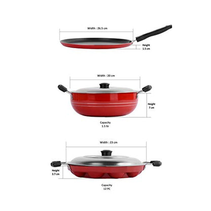 Sumeet 2.6mm Thick Non-Stick Red Crown Combo Set (Dosa Tawa – 26.5cm Dia + Kadhai with Lid – 1.5Ltr Capacity- 20cm Dia + Grill Appam Patra with Lid – 23cm Dia)