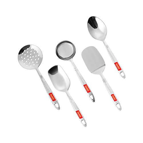 Sumeet Stainless Steel Small Serving and Cooking Spoon Set of 5pc (1 Turner, 1 Serving Spoon, 1 Skimmer, 1 Basting Spoon, 1 Ladle)