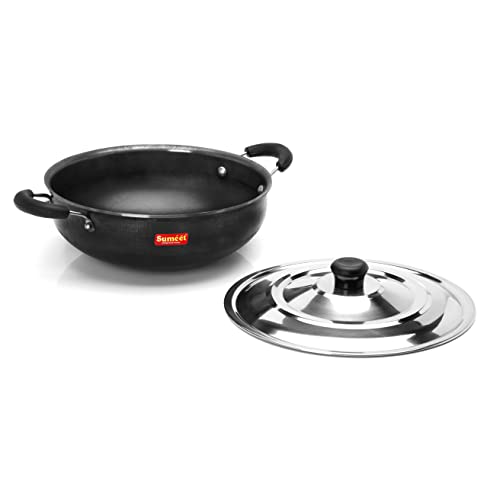 Sumeet Pre Seasoned Iron Kadai 2.5mm Thick with Stainless Steel Lid (Double Side Handle) 25.2 cm, 3Ltr