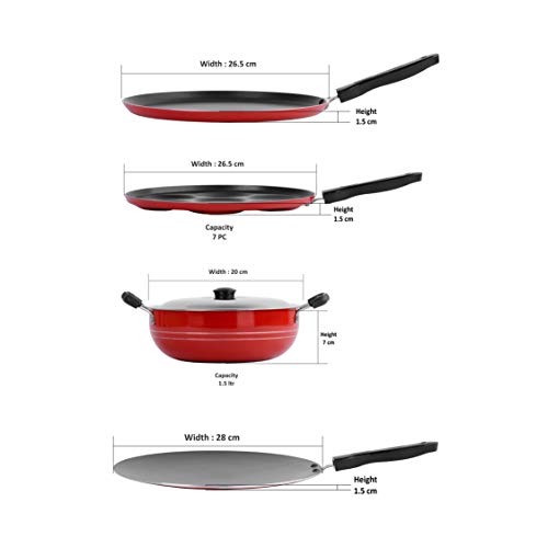 Sumeet 2.6mm Thick Non-Stick Pupa Cookware Set (Dosa Tawa – 26.5cm Dia + Multi Snack Maker – 26.5cm Dia + Kadhai with Lid – 1.5Ltr Capacity- 20cm Dia + Concave Tawa – 28cm Dia)