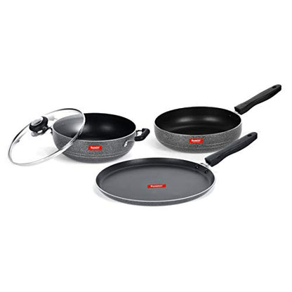 Sumeet NonStick Pilak Cookware Set (Dosa Tawa - 26.5Cm Dia + Kadhai with Glass Lid -2Ltr - 22Cm Dia + Frypan - 1.5Ltr - 22Cm Dia)