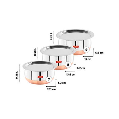 Sumeet Stainless Steel Copper Bottom Belly Shape 3 Pc Tope / Cookware/ Pot Set with Lid 380ML, 500ML, 780ML, (Silver)