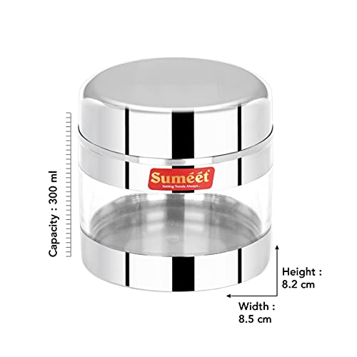 Sumeet Stainless Steel Circular See Through/Transparent Container, Set of 4Pc, 300 Ml Each, 8.5cm Dia - Silver