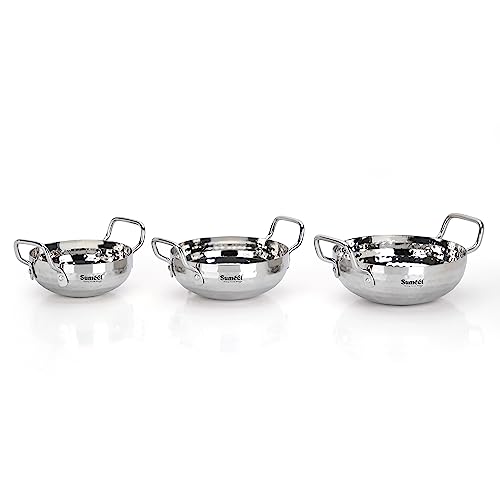 Sumeet Stainless Steel Handcrafted Hammered Mathar Kadai for Kitchen, 450ML,650ML & 1000ML, 12cm, 14cm & 16cm Dia, Pack of 3, Silver