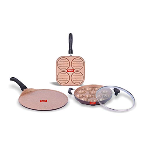 Sumeet Zorro Aluminium Mini Multi Snack Maker, Grill Appam Patra With Lid, Tawa, 3 Piece (Peach)