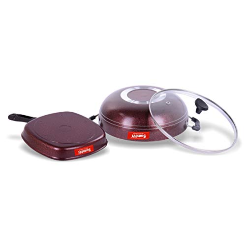 Sumeet Nonstick Granite Finish 2pc Splendor Cookware Set (Grill Pan 22cm Dia + Kadhai with Glass Lid - 2.5 LTR Capacity - 24.5cm Dia)