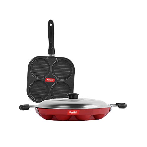 Sumeet 2.6mm Thick Non-Stick Red Royal Cookware Set (Mini Multi Snack Maker – 19.5cm Dia + Grill Appam Patra with Lid – 23cm Dia)