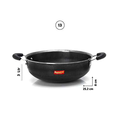 Sumeet Pre Seasoned Iron Kadai 2.5mm Thick (Double Side Handle) 25.2 cm, 3 LTR