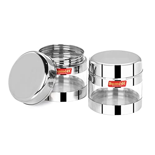 Sumeet Stainless Steel Circular See Through/Transparent Container, Set of 2Pc, 300 Ml Each, 8.5cm Dia - Silver