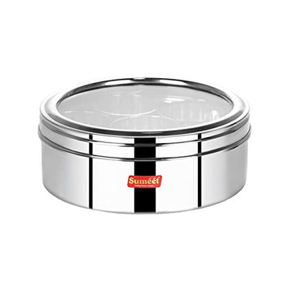 Sumeet Stainless Steel Round Masala (Spice) Box/Organiser with See Through Lid With 7 Containers and Small Spoon Size 11 (1.5Ltr) (18.5cm)