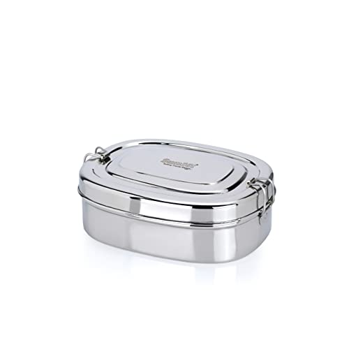 Sumeet Stainless Steel Rectangle Lunch Box/Tiffinwith 2 Compartments and Locking Clip, 1000ML, Ideal for 2 Person - Silver