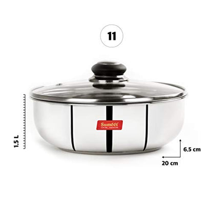 Sumeet Stainless Steel Encapsulated Bottom Induction and Gas Stove Friendly Tasra with Glass Lid - (1.5Ltr - 20cm), Silver