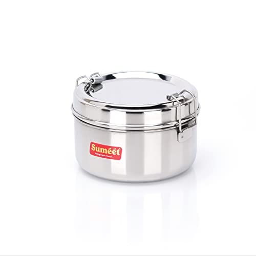 Sumeet Stainless Steel Meal Pack Lunch Box / Tiffin with Steel Separator Plate and Locking Clip, 300ML, 11.5cm Dia, Silver