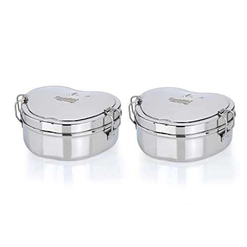 Sumeet Stainless Steel Apple Lunch Box/Tiffin with Steel Separator Plate and Locking Clip Set of 2 Pcs, 650ML Each, Ideal for 2 Persons - Silver